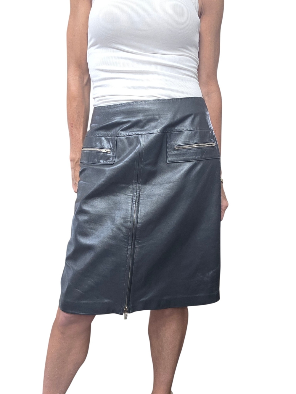 Vintage Y2K Caché 100% Leather Pencil Skirt Zip Front Moto Black Size 4